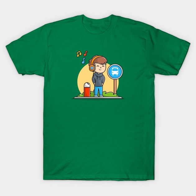 Happy Boy Listening Music with Heaphone and Waiting The Bus in Halte Cartoon Vector Icon Illustration T-Shirt by Catalyst Labs